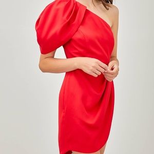 Red One Shoulder Puff Pleat Dress